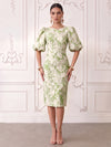Short Jacquard Sheath Crew Neck Cocktail Dresses with Puffy Sleeves