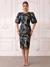 Short Jacquard Sheath Crew Neck Cocktail Dresses with Puffy Sleeves