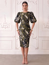 Short Jacquard Sheath Crew Neck Cocktail Dresses with Puffy Sleeves