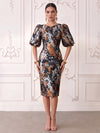 Short Jacquard Sheath Crew Neck Cocktail Dresses with Puffy Sleeves