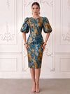 Short Jacquard Sheath Crew Neck Cocktail Dresses with Puffy Sleeves