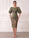 Short Jacquard Sheath Crew Neck Cocktail Dresses with Puffy Sleeves