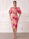 Short Jacquard Sheath Crew Neck Cocktail Dresses with Puffy Sleeves