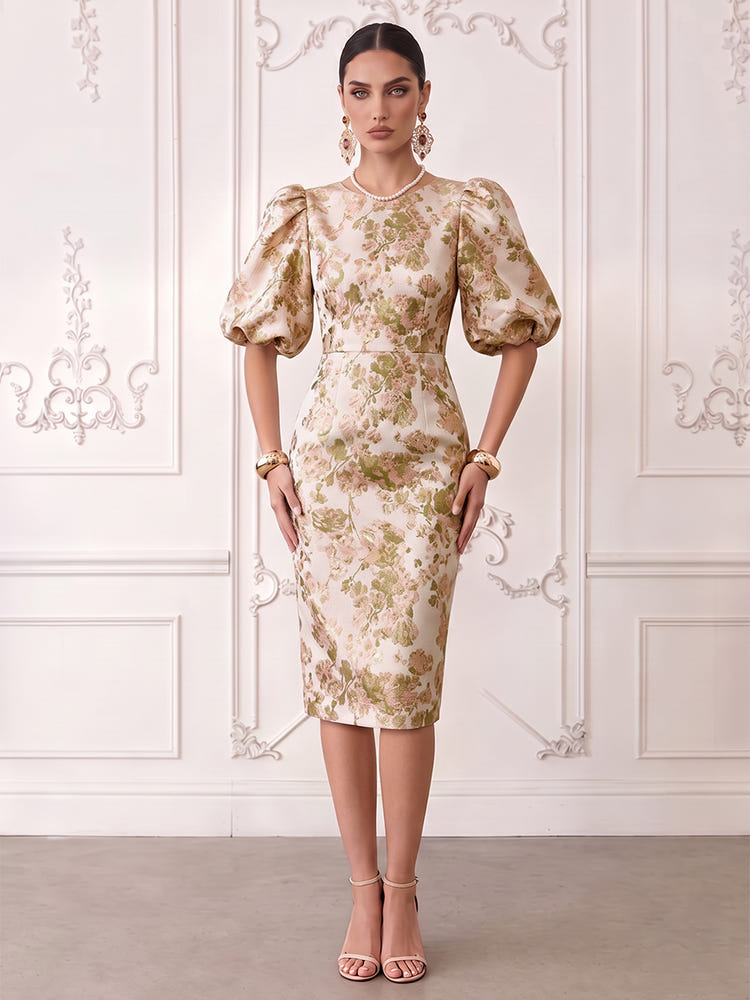 Short Jacquard Sheath Crew Neck Cocktail Dresses with Puffy Sleeves