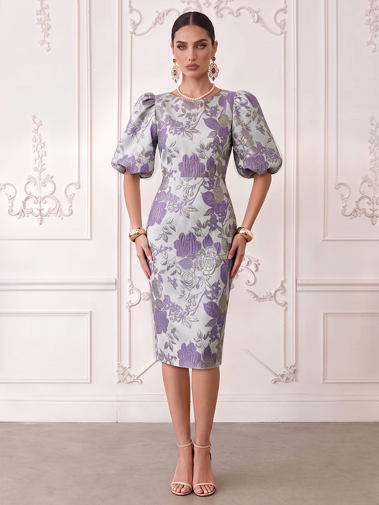 Short Jacquard Sheath Crew Neck Cocktail Dresses with Puffy Sleeves
