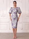 Short Jacquard Sheath Crew Neck Cocktail Dresses with Puffy Sleeves