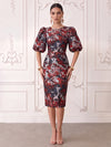 Short Jacquard Sheath Crew Neck Cocktail Dresses with Puffy Sleeves