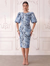 Short Jacquard Sheath Crew Neck Cocktail Dresses with Puffy Sleeves