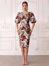 Short Jacquard Sheath Crew Neck Cocktail Dresses with Puffy Sleeves