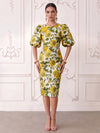 Short Jacquard Sheath Crew Neck Cocktail Dresses with Puffy Sleeves