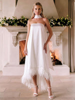 Satin A-Line Strapless Cocktail Dresses with Feathers