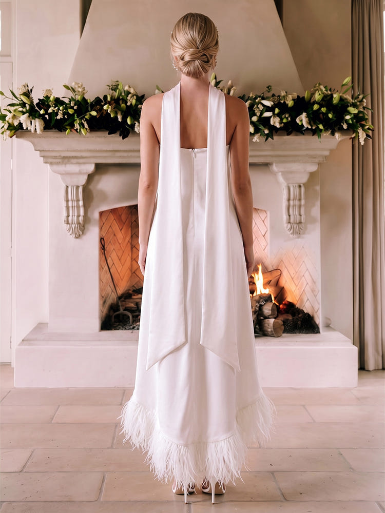 Satin A-Line Strapless Cocktail Dresses with Feathers