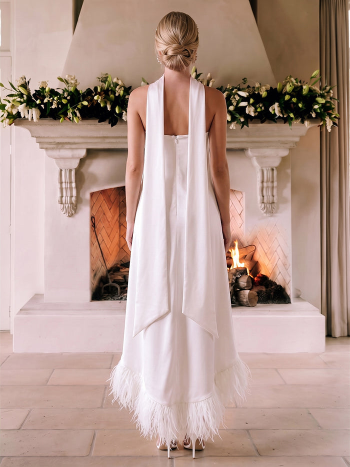 Satin A-Line Strapless Cocktail Dresses with Feathers