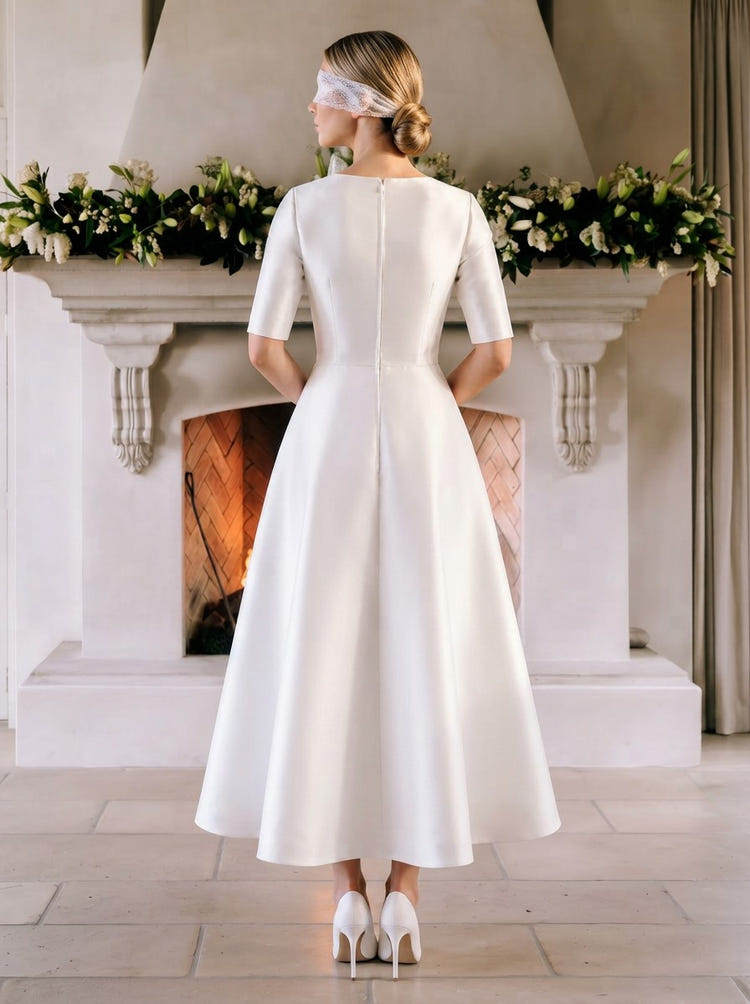 Satin A-Line Crew Neck Cocktail Dresses with 3D Flowers