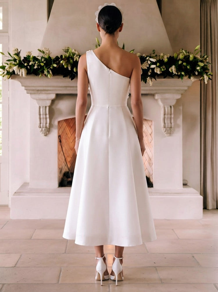 Satin A-Line One Shoulder Cocktail Dresses with 3D Flowers