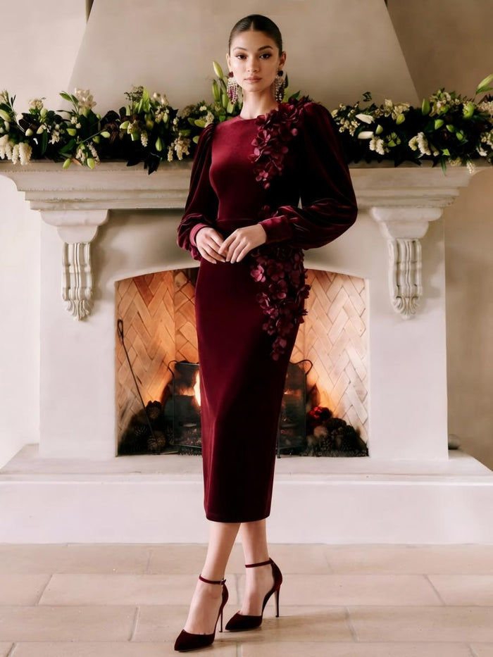 Velvet Sheath Crew Neck Cocktail Dresses with 3D Flowers