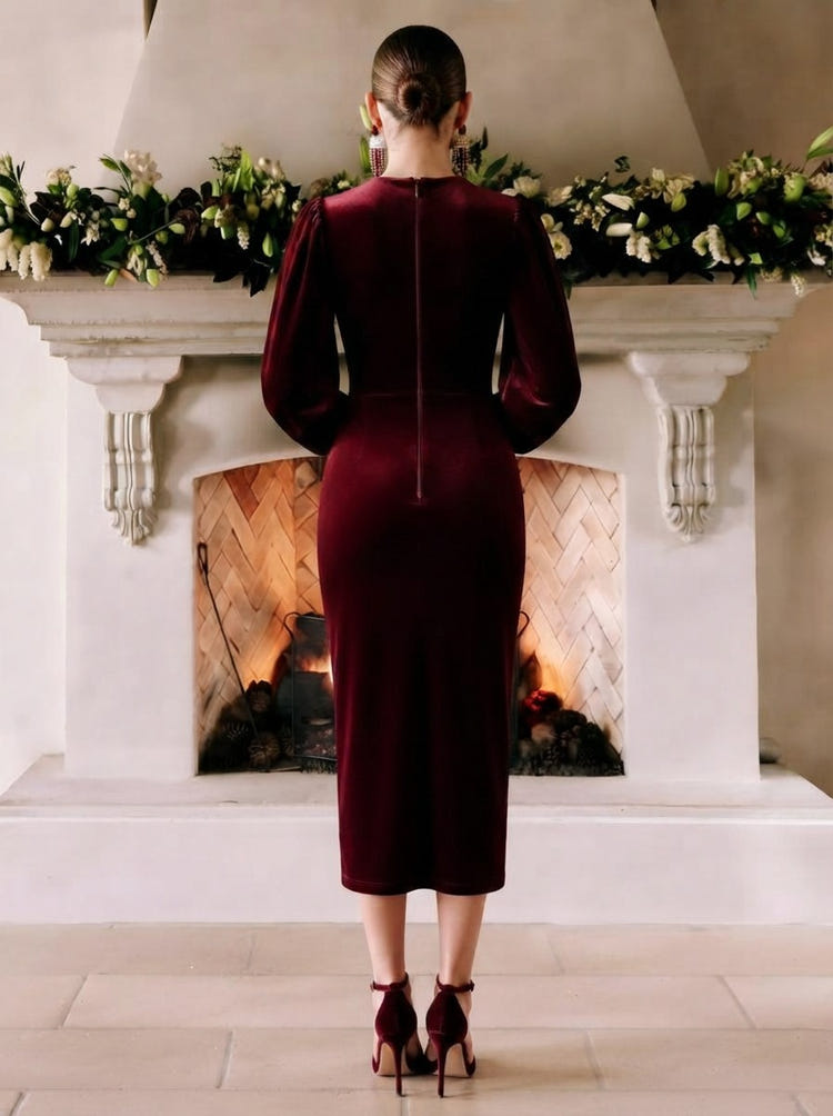 Velvet Sheath Crew Neck Cocktail Dresses with 3D Flowers