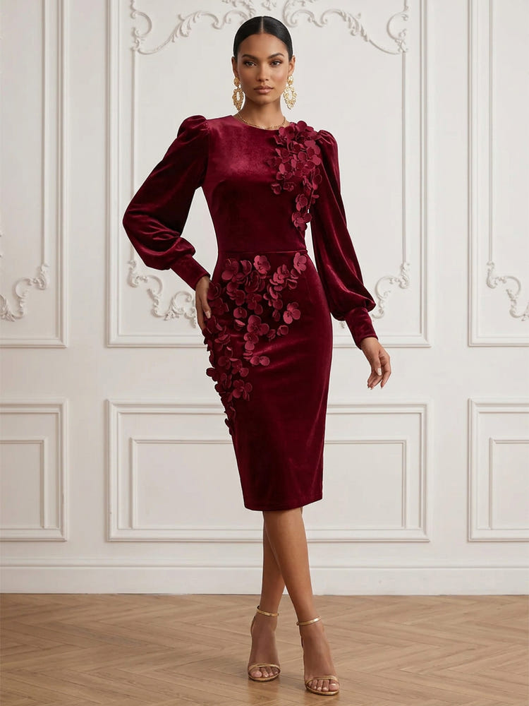 Velvet Sheath Crew Neck Cocktail Dresses with 3D Flowers