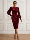 Velvet Sheath Crew Neck Cocktail Dresses with 3D Flowers