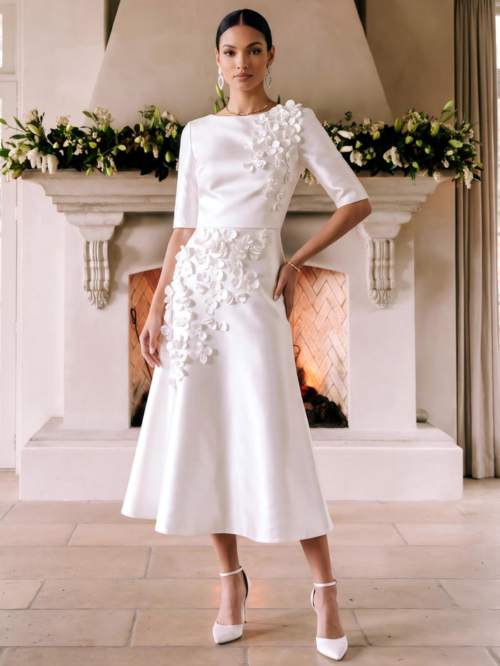 Satin A-Line Crew Neck Cocktail Dresses with 3D Flowers