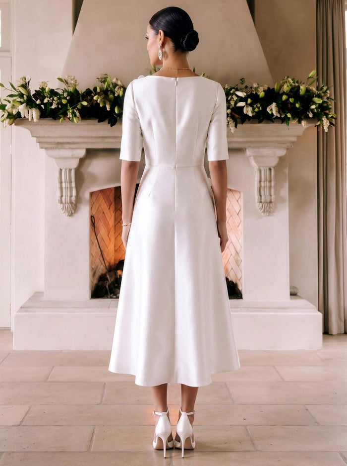 Satin A-Line Crew Neck Cocktail Dresses with 3D Flowers