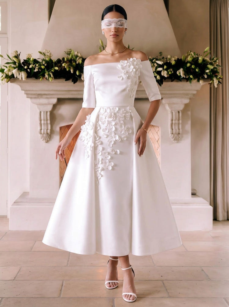 Satin A-Line Off Shoulder Cocktail Dresses with 3D Flowers