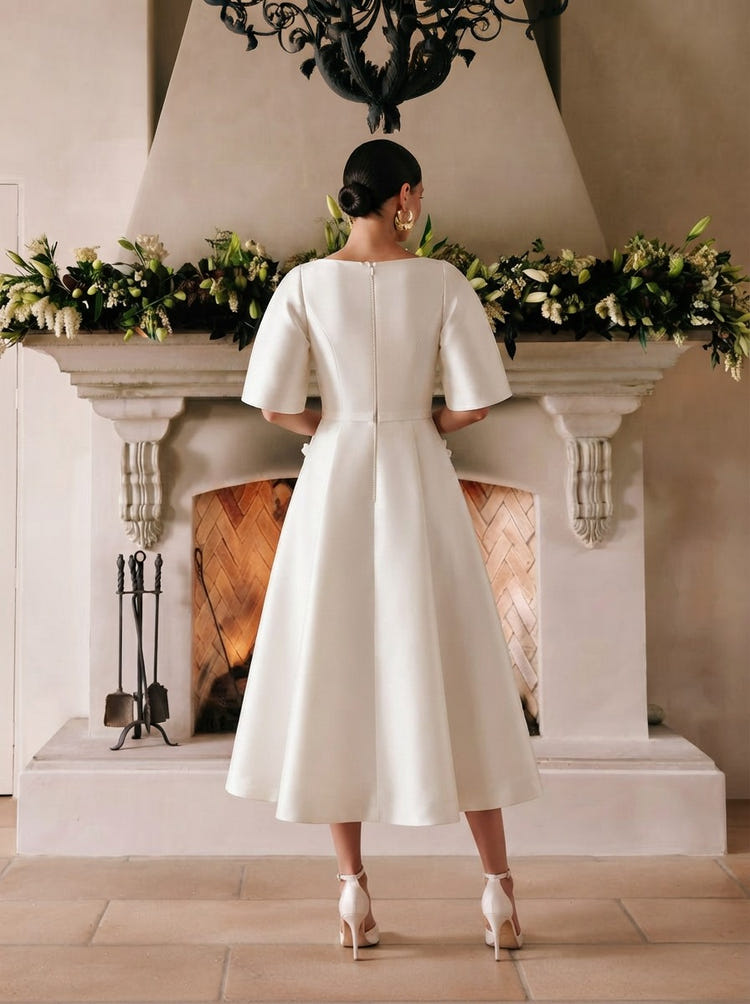 Satin A-Line Boat Neck  Cocktail Dresses with 3D Flowers