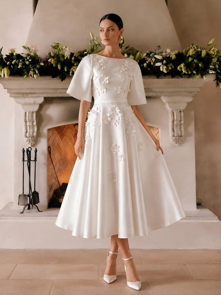 Satin A-Line Boat Neck  Cocktail Dresses with 3D Flowers
