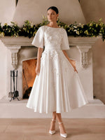 Satin A-Line Boat Neck  Cocktail Dresses with 3D Flowers