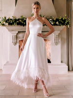 Satin A-Line Halter Cocktail Dresses with Natural Feather Fringe Hem