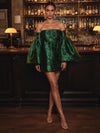 Jacquard Sheath Off Shoulder Cocktail Dresses with Dramatic Oversized Bell Flare Sleeves