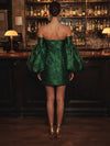 Jacquard Sheath Off Shoulder Cocktail Dresses with Dramatic Oversized Bell Flare Sleeves
