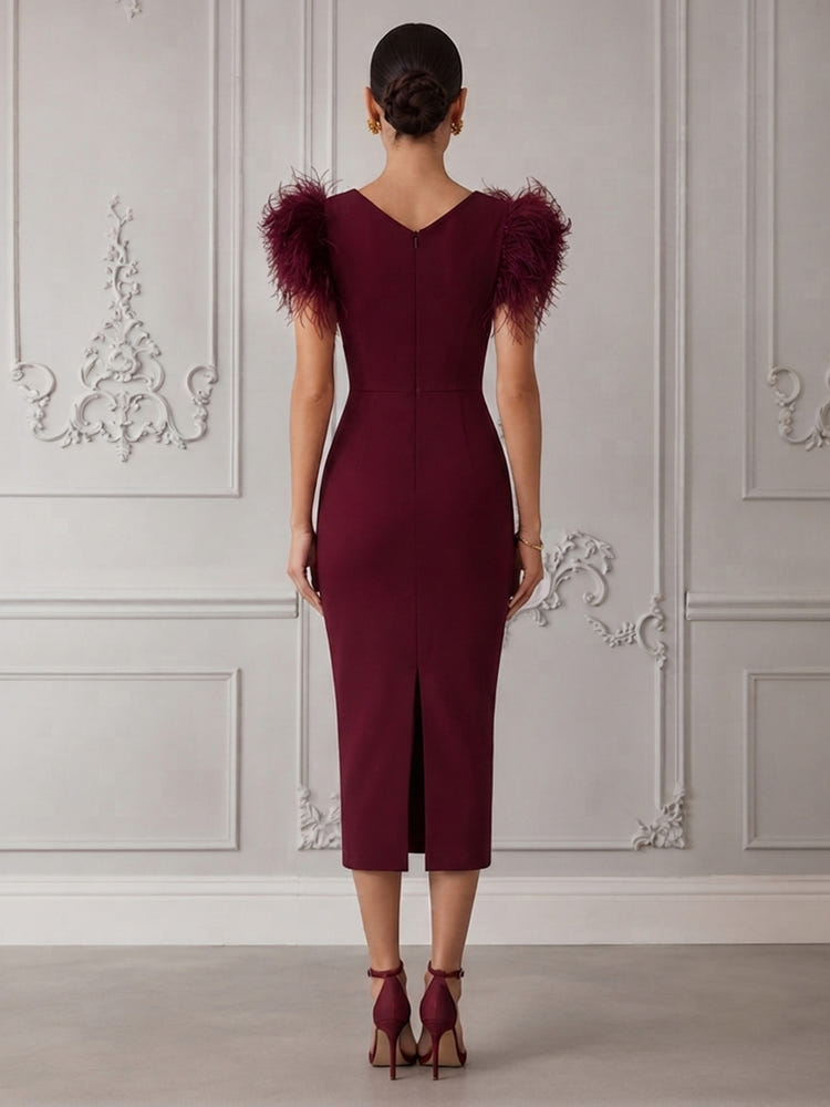 Jersey Bodycon Crew Neck Cocktail Dresses with Feathers