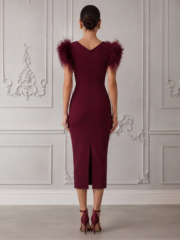 Jersey Bodycon Crew Neck Cocktail Dresses with Feathers