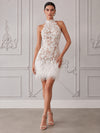 Laces Sheath High Neck Cocktail Dresses with Natural Feather Fringe Hem