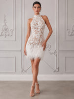 Laces Sheath High Neck Cocktail Dresses with Natural Feather Fringe Hem