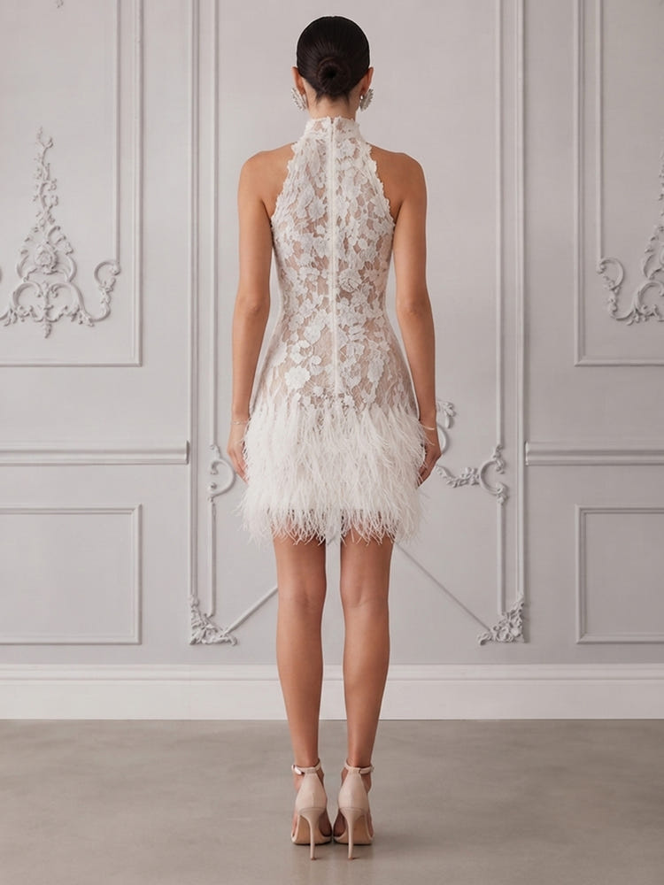 Laces Sheath High Neck Cocktail Dresses with Natural Feather Fringe Hem