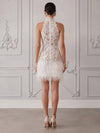 Laces Sheath High Neck Cocktail Dresses with Natural Feather Fringe Hem