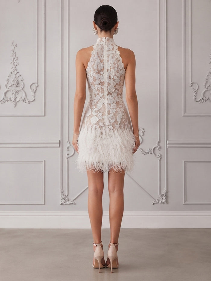 Laces Sheath High Neck Cocktail Dresses with Natural Feather Fringe Hem