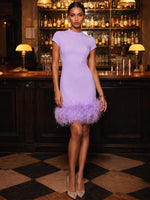 Jersey Sheath High Neck Cocktail Dresses with Natural Feather Fringe Hem