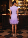 Jersey Sheath High Neck Cocktail Dresses with Natural Feather Fringe Hem