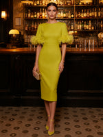 Jersey Sheath Boat Neck  Cocktail Dresses with Luxurious Fluffy Feather Cuff Details