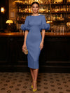 Jersey Sheath Boat Neck  Cocktail Dresses with Luxurious Fluffy Feather Cuff Details