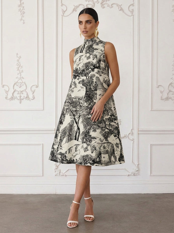 Jacquard A-Line High Neck Cocktail Dresses with Floral Print