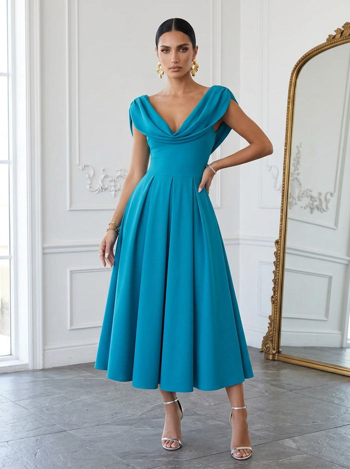 Jersey A-Line Elegant Cowl Draped V Neck Cocktail Dresses