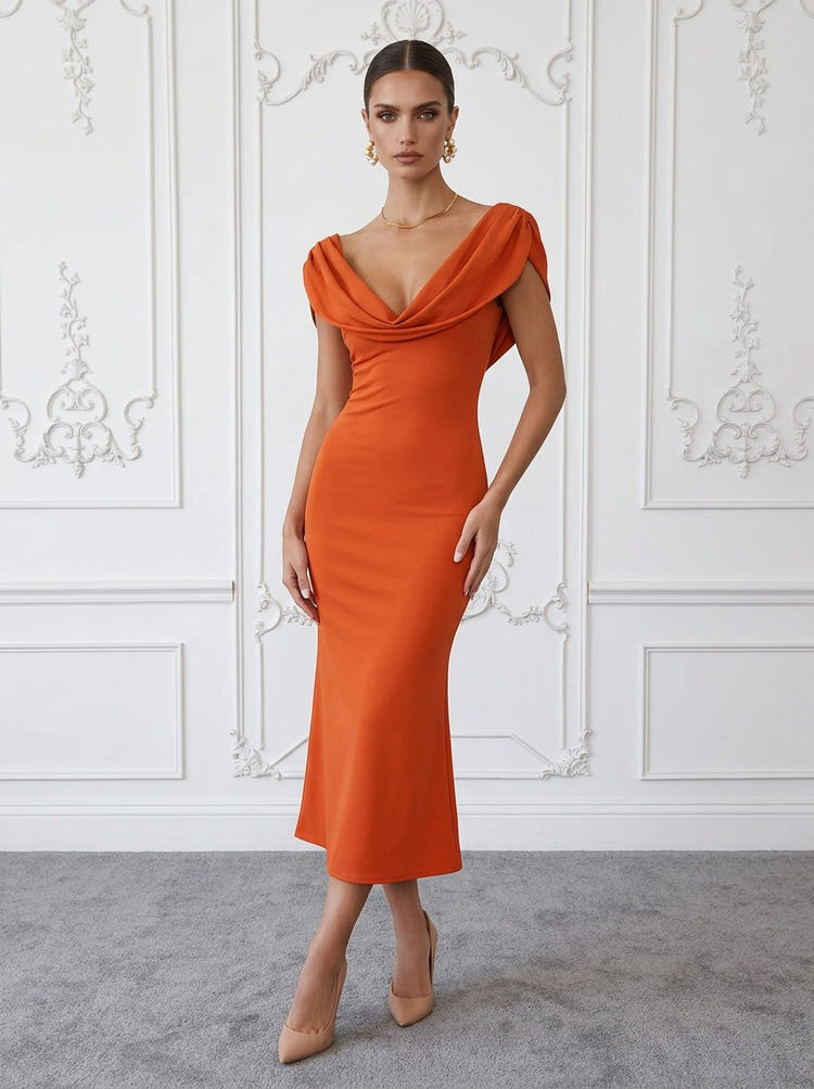 Jersey Sheath Elegant Cowl Draped V Neck Cocktail Dresses