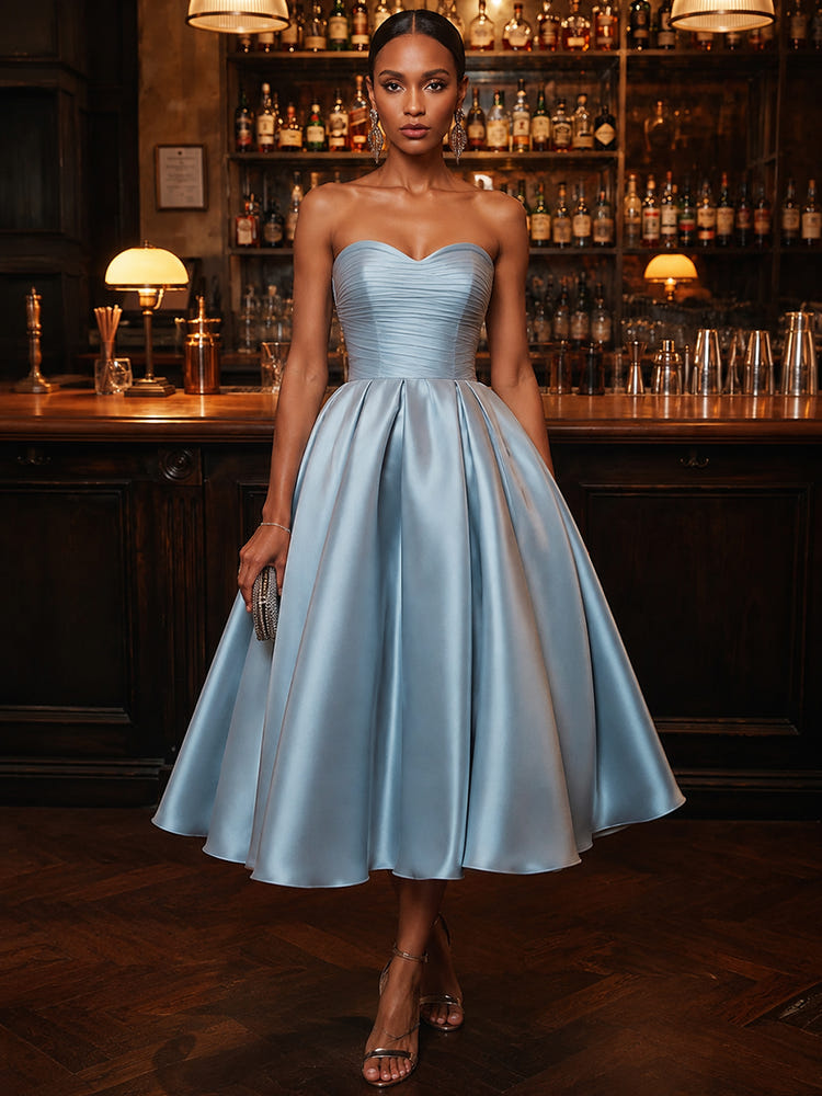 Satin A-Line Strapless Cocktail Dresses with Delicate Pleated