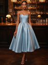 Satin A-Line Strapless Cocktail Dresses with Delicate Pleated