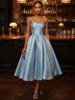 Satin A-Line Strapless Cocktail Dresses with Delicate Pleated