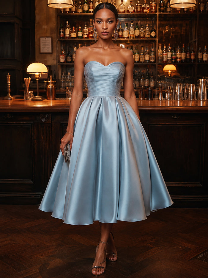 Satin A-Line Strapless Cocktail Dresses with Delicate Pleated